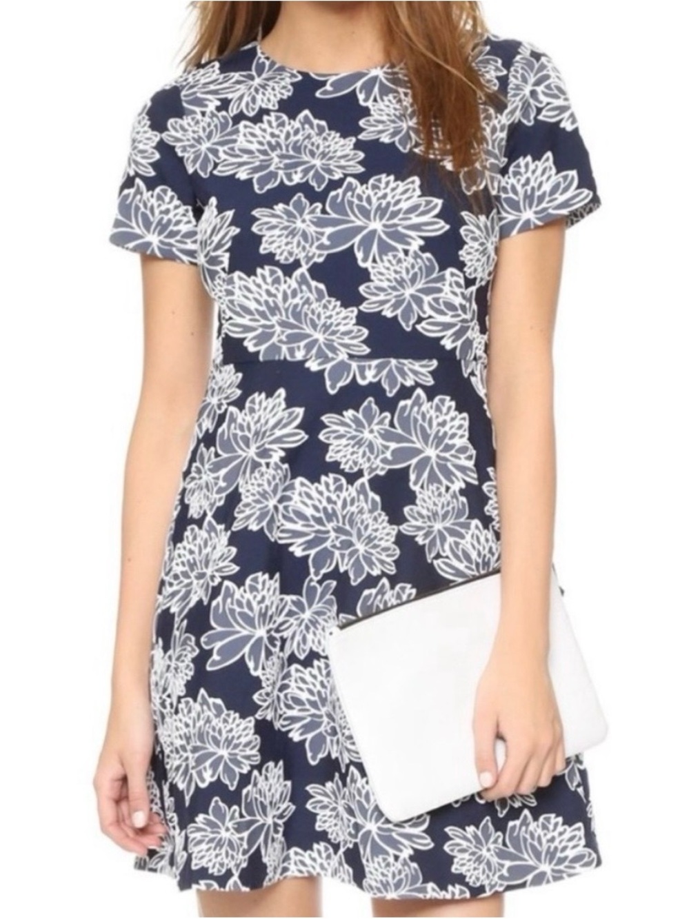 Shoshanna Navy and White Floral Short Sleeve Fit-&-Flare Dress